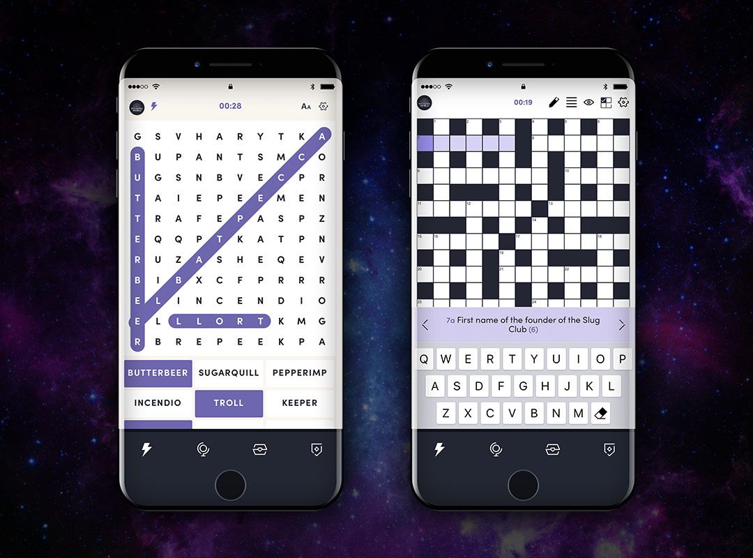The Wizarding World word search and crossword puzzles displayed on mobile devices
